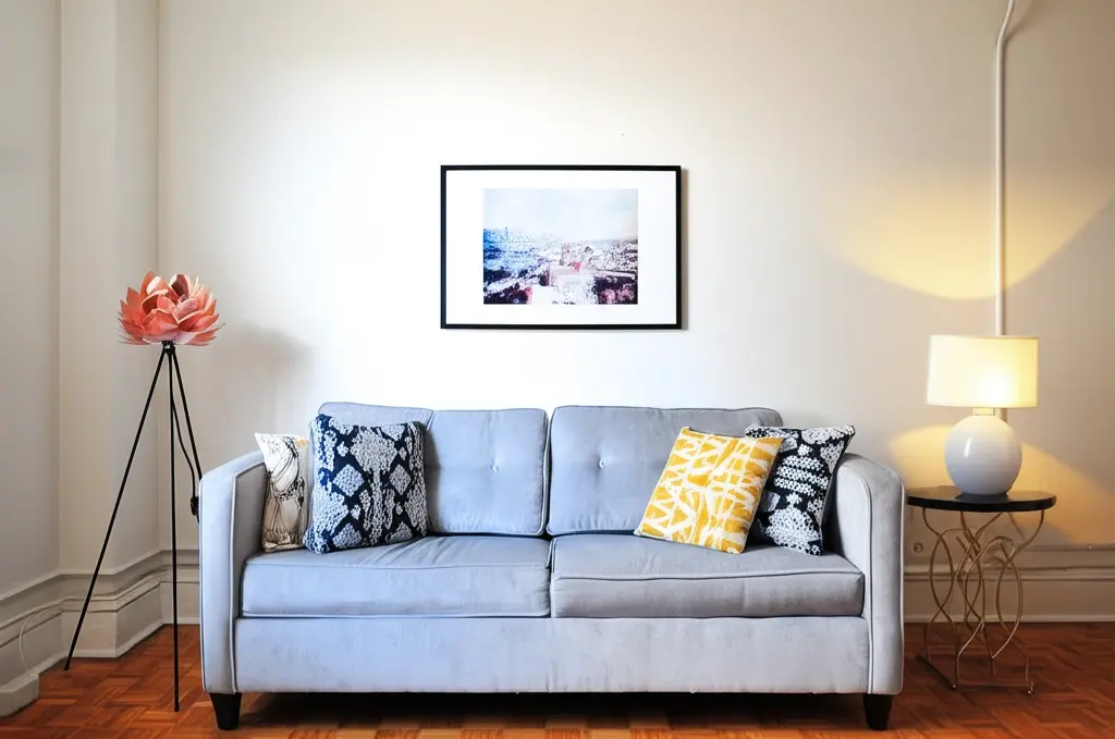 After: Add a modern, minimalist table lamp with a white lampshade on top of the small, elegant side table to the right of the gray sofa. The lamp should be in scale with the table and provide a warm, ambient light. Maintain the original image's resolution.